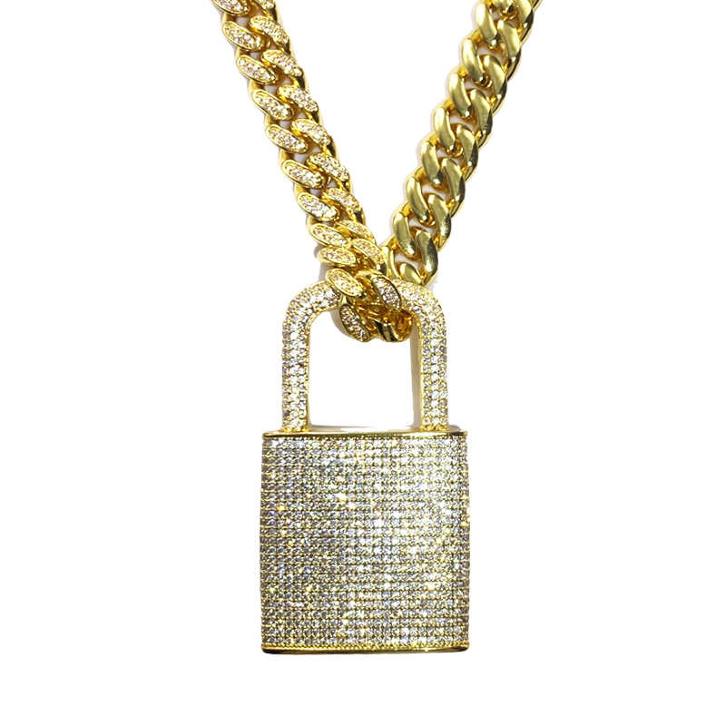 Pendente a chiave in rame in ottone in rame Iced Out Cubic Zircon Diamond Lock Block Collana